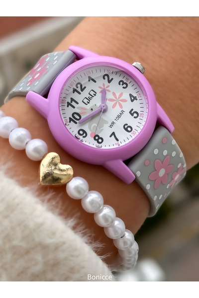 Q&Q 10 Atm, 2 Years Warranty, Gray - Pink Silicone Cord Girl's Wristwatch Suitable for Pool and Sea Use