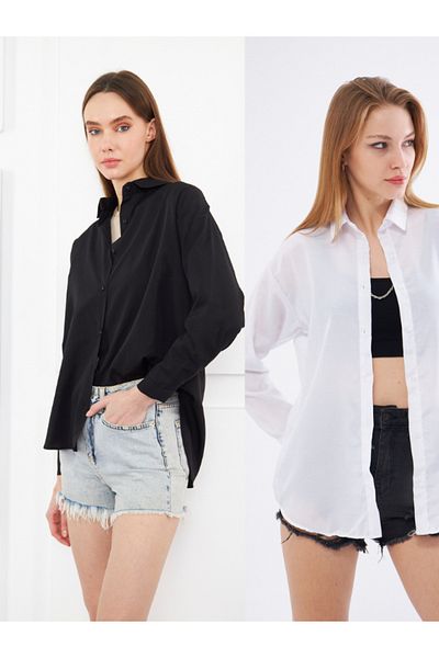 brako tekstil Women's White - Black Oversize Long Basic Shirt
