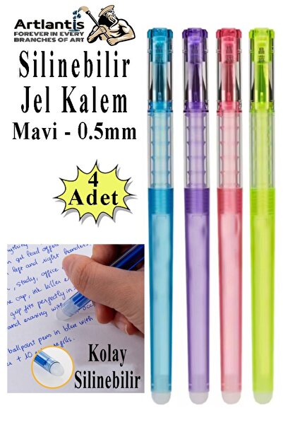 Artlantis Silinebilir Jel Kalem Mavi 0.5 mm 4 Adet Silinebilir Tükenmez Kalem...