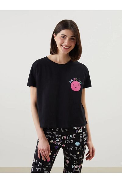 LC Waikiki Set de pijamale de damă cu imprimeu negru cu decolteu