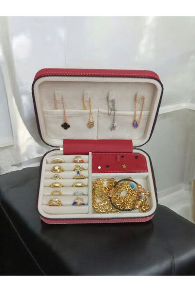 Moda fiesta صندوق تخزين مجوهرات منظم مقاس كبير (14×21) حقيبة مجوهرات للسفر حافظة جلدية خشبية