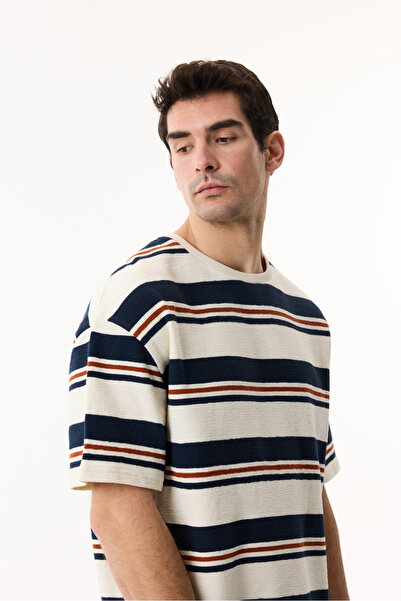 Mudo Erkek Kiremit Rengi Çizgili Oversize Kısa Kollu T-Shirt