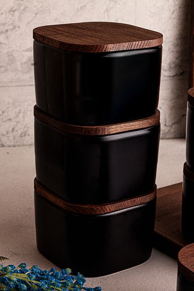 Snippy Luma Black 6-Piece Wooden Vacuum Lid Ceramic Breakfast Bowl 300ml