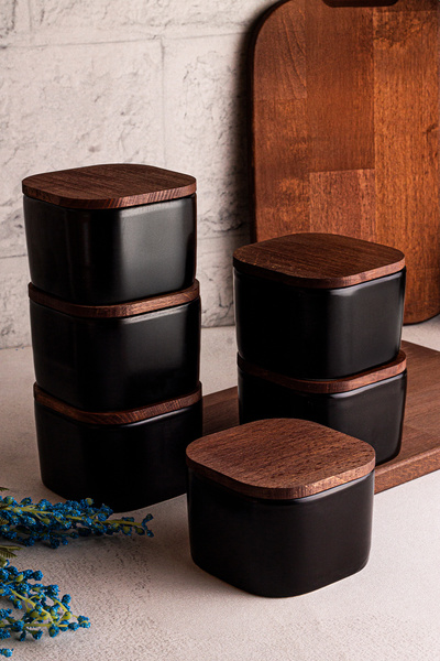 Snippy Luma Siyah - 6'lı  Ahşap Vakumlu Kapaklı Seramik Kahvaltılık Çok Amaçlı Seramik Kase Çerezlik 300 ml