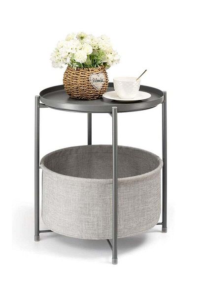 COOYA 2-Tier Round Sofa End Table, Round Side Table with Fabric Cloth Storage Basket, Nightstand