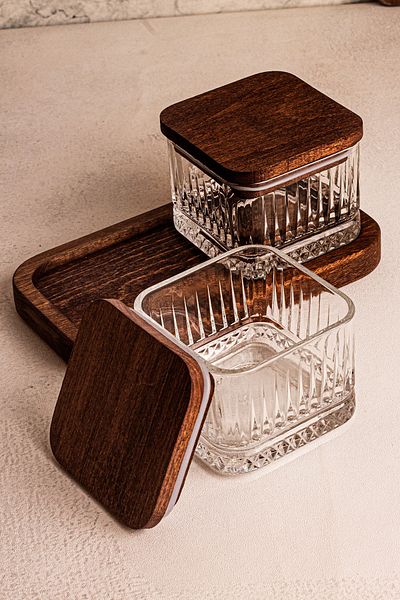 Snippy Bella 230ml Square Bowl - Wooden Stand, Vacuum, Qumzı Millili Glass Snack and Breakfast