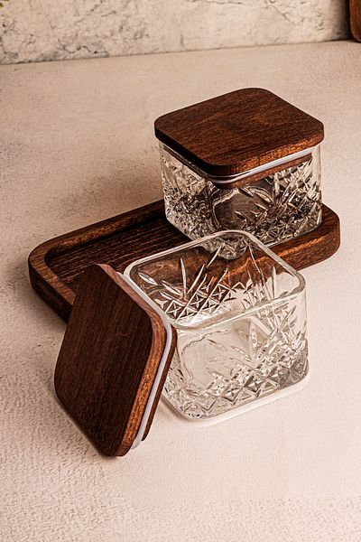 Snippy Milla Square Glass Bowl with Wooden Stand, Vacuum Lid and 230 ml Snack Bowl for Breakfast