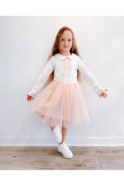 Şirin Şeyler Butiği Perla Uzun Kol Kız Çocuk Prenses Kabarık Tütü Elbise Bebe Yaka Esnek Likralı Somon Beyaz