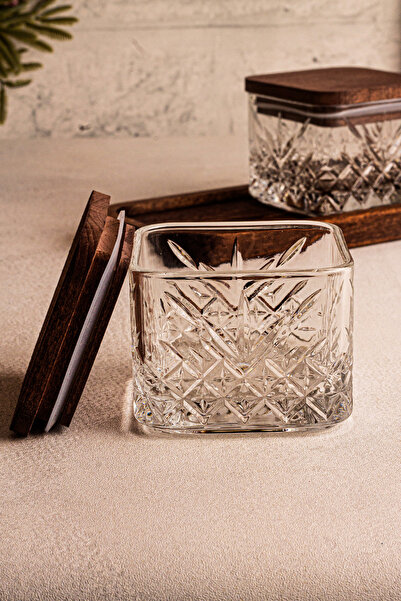 Snippy Milla Kare - 2'li Ahşap Standlı Vakumlu Kapaklı Cam Çerezlik Cam Kase Kahvaltılık 230 ml