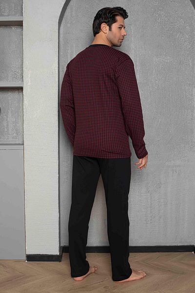Tarık Set de pijamale pentru bărbați, 100% bumbac, interlock, burgundă, negru, cu picior de gâscă, cu mânecă lungă, cu jumătate de nasturi