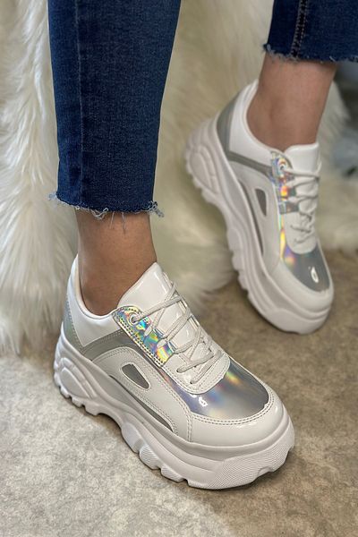 İmerShoes Pantofort alb cu hologramă cu talpă înaltă și confortabil pentru femei - 001