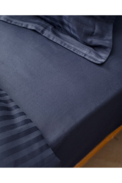 Madame Coco Elicia Çift Kişilik %100 Pamuk Çizgili Saten Nevresim Takımı - Lacivert