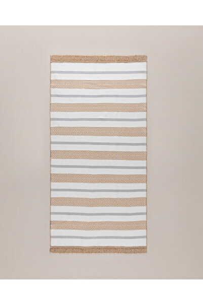 Madame Coco Serein Pamuklu Saçaklı Dokuma Kilim - Bej/Gri - 80x150 cm