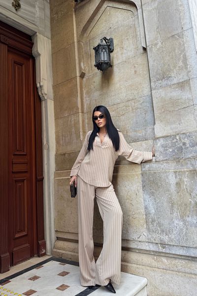 KAZAK Striped Bluz - Pant Suit - Beige