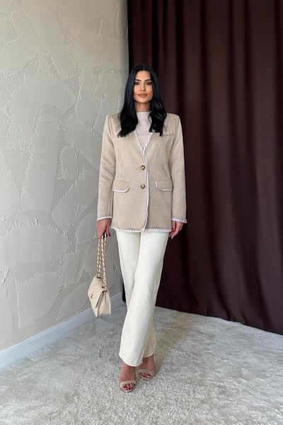 Miracle Omni Beige Striped Lined Garnished Suede Jacket