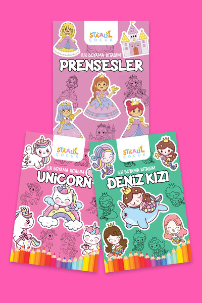 STAAU Çocuk İlk Boyama Kitabım - Eğlenceli Boyama Seti 4 - Unicorn / Prensesler / Deniz Kızı