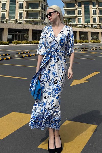 Seeh Rochie de damă albastră cu guler dublu cu model Sh107