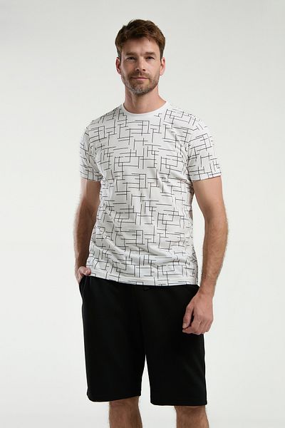 Arnetta Men's White Mixed Pattern Short Sleeve Shorts Pajama Set (Available in Oversized Size)