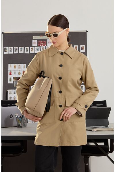 Fatma Atasoy Milky Brown Trench Coat with Bag Pocket