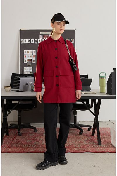 Fatma Atasoy Burgundy Trench Coat with Bag Pocket