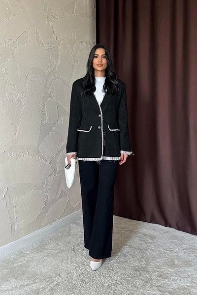 Butik Black Striped Lined Garnished Suede Jacket