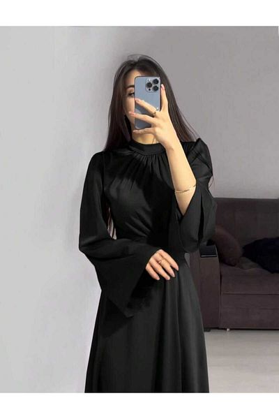 PERADO Spanish Sleeve Waist Wrapped Satin Evening Dress Black