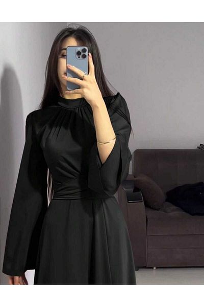 PERADO Spanish Sleeve Waist Wrapped Satin Evening Dress Black