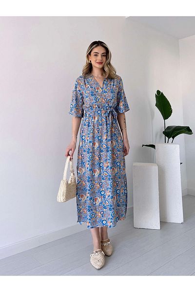sharin Καλοκαιρινό μοτίβο διπλό γιακά - Σχισμή λεπτομέρεια μέχρι τον αστράγαλο γυναικείο φόρεμα 13E-2230