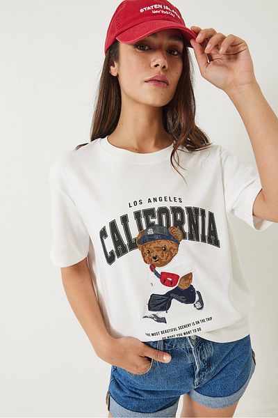Bianco Lucci Tricou oversize pentru damă, cu decolteu, cu imprimeu Teddy California Los Angeles 60283063