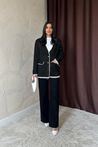 Butik Black Striped Lined Garnished Suede Jacket