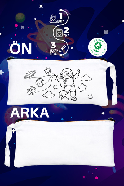 Pamusan Astronot Desenli Boyanabilir Bez Kalemlik | 21x10cm Beyaz Kalem Çantası 10 adet Kalemlik