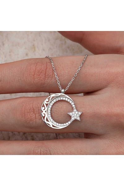 Skygo Silver Patterned Moon Star Women's Necklace
