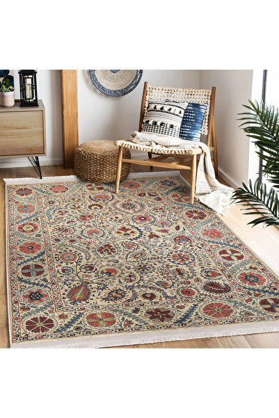 AD Home Krem Zeminde Hereke Motifli Kilim Desenli Avangarde Etnik Motifler Salon & Koridor Halı