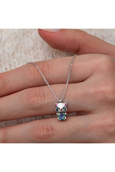 Skygo Silver Mystic Topaz Stone Cute Cat Necklace