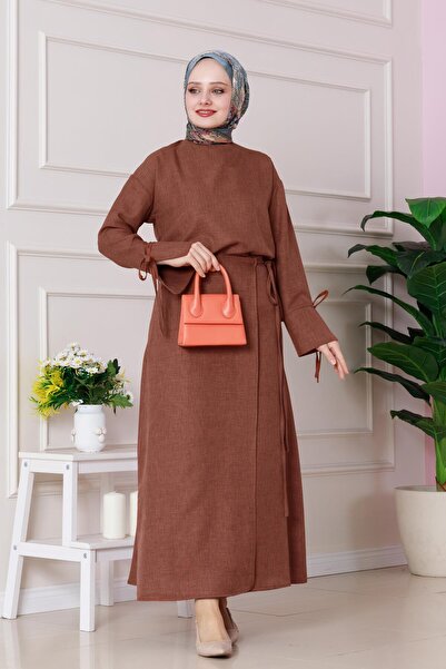 Sevitli Σετ με δεμένη φούστα Darin-Linen-Καφέ