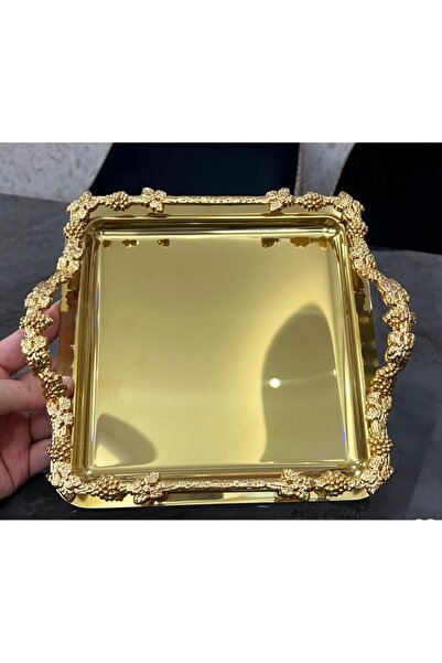 Elzemm store ÇELİK GOLD RENK ÇERÇEVELİ AYAKLI KARE SERVİS VE SUNUM TEPSİSİ 1 ADET