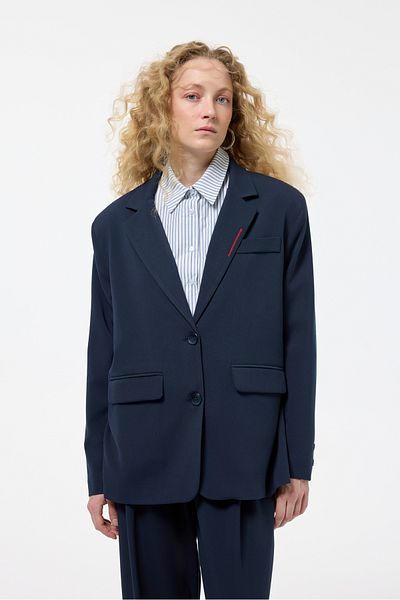 Quzu Back Printed Blazer Jacket with Shirt Collar - Navy Blue