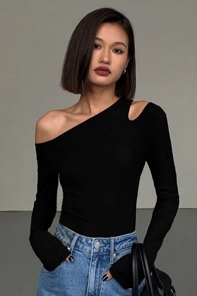 Köstebek Black Long Sleeve Crop T-Shirt with Shoulder Slits and Off-The-Shoulder