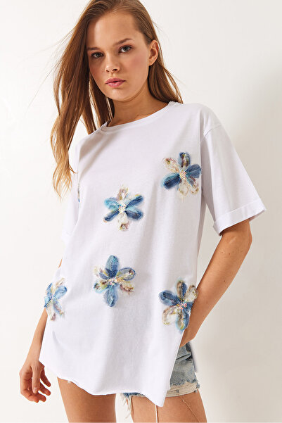 Bianco Lucci Γυναικείο φλοράλ κεντημένο φαρδύ ποδήλατο - T-shirt με σκισίματα στο πλάι 60283068