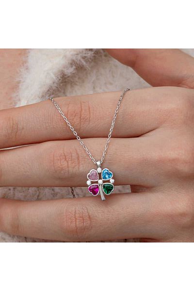Skygo Silver Colored Stone Heart Figured Clover Necklace