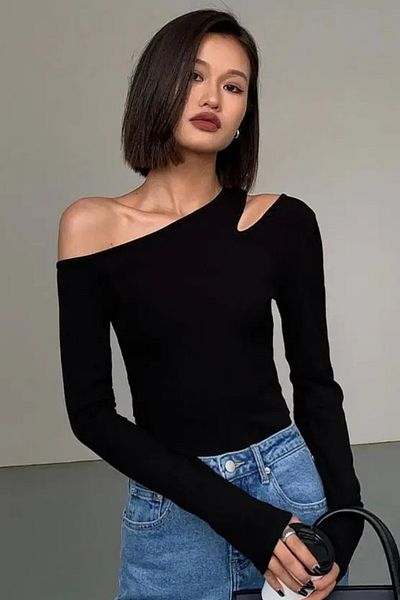 Köstebek Black Long Sleeve Crop T-Shirt with Shoulder Slits and Off-The-Shoulder