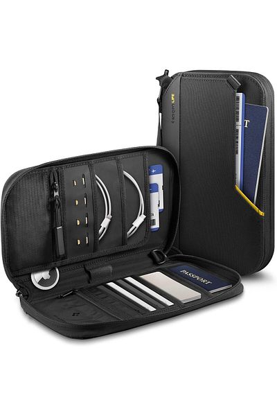 Spigen Life Passport Holder Pouch Wallet Cover, SIM Card Holder and Eject Pin, Wrist strap - Black