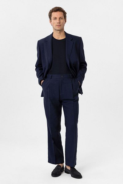 Antioch Navy Blue High Waist Linen Blended Men's Trousers