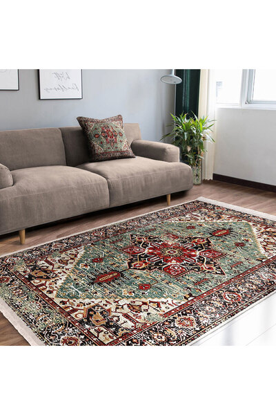 Kırmızı – Yeşil Zeminde Otantik Motifli Osmanlı Desenli Vintage Avangarde Halı