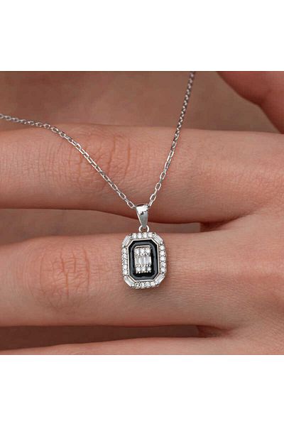 Skygo Silver Black Enameled Baguette Women's Necklace