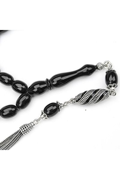 Skygo Oltu Stone Beyzi Cut Silver Tasseled Oltu Stone Rosary