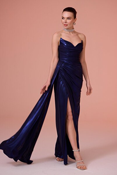 Carmen Navy Blue Shiny Knitted Strapless Long Evening Dress