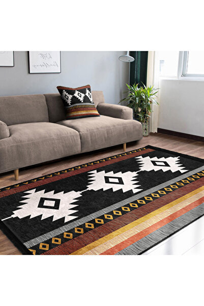 AD Home Siyah – Kahverengi Zeminde Bohem Motifli Etnik Desenli Geometrik Moti...