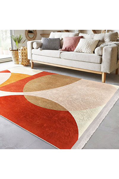 Genel Markalar Turuncu – Krem Zeminde Abstract Motifli Tablo Desenli Bohem Mo...