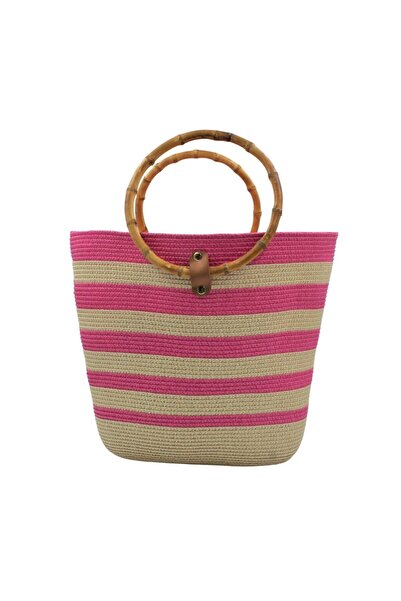 BM GİFT DESİGN Μπεζ τσάντα παραλίας με ροζ ρίγες